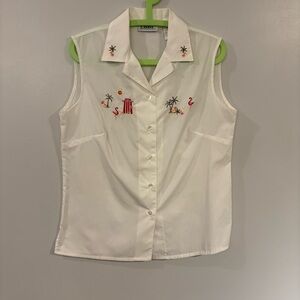 Vintage Tabi International Blouse Flamingos Palm Trees Asian Motifs embroidery